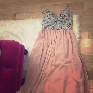 Maxi floral bustier dress blue and blush